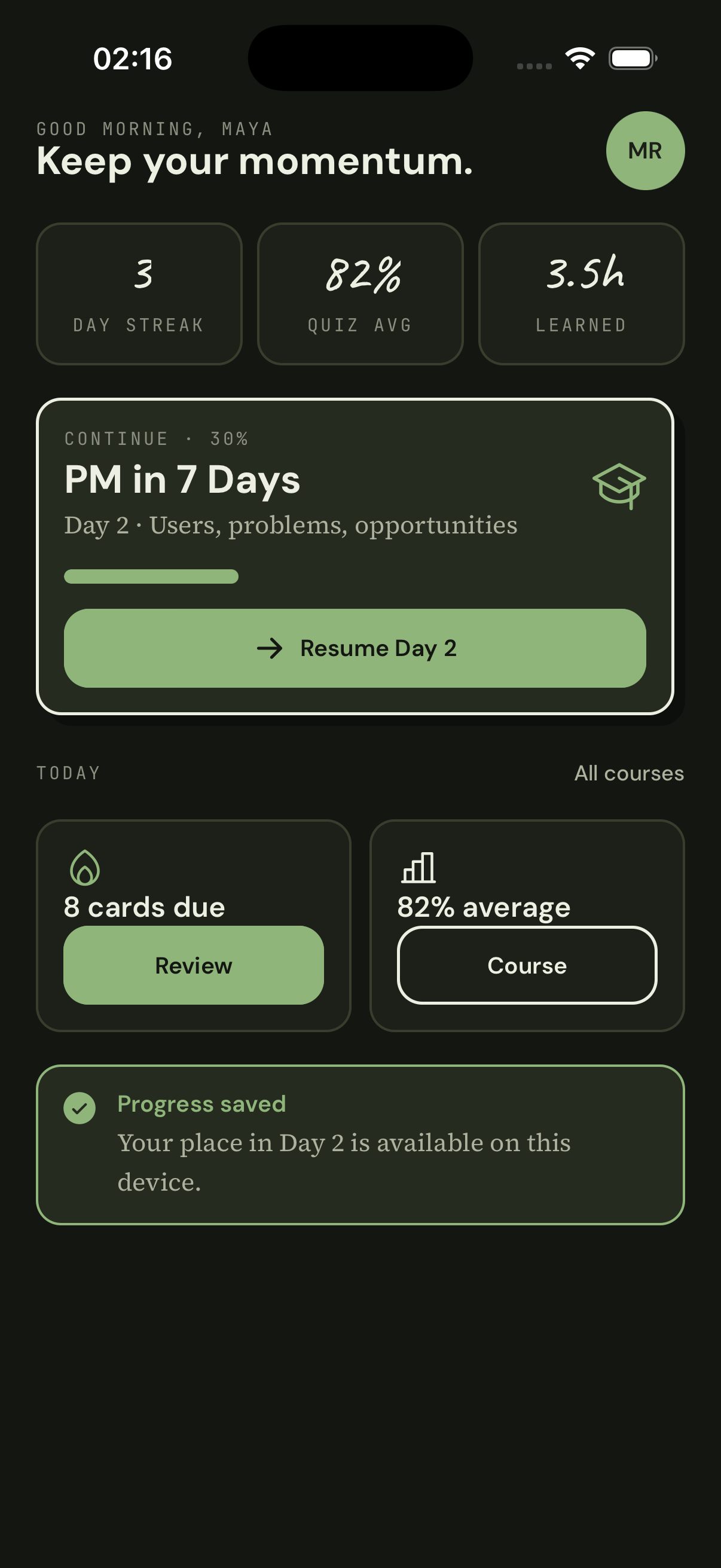 Syllavi progress dashboard showing a current course, review cards due and learning progress.