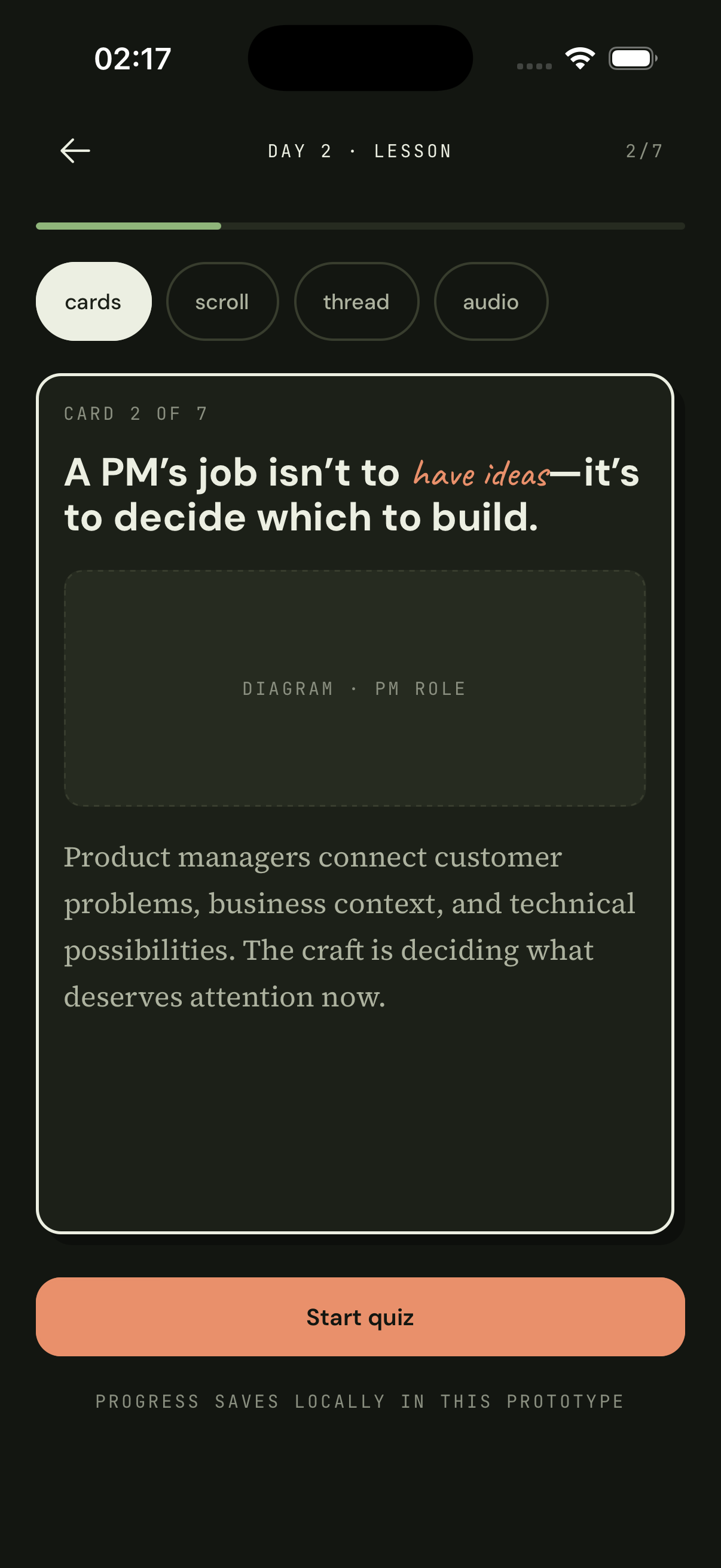 Syllavi lesson screen showing a short product management lesson card.
