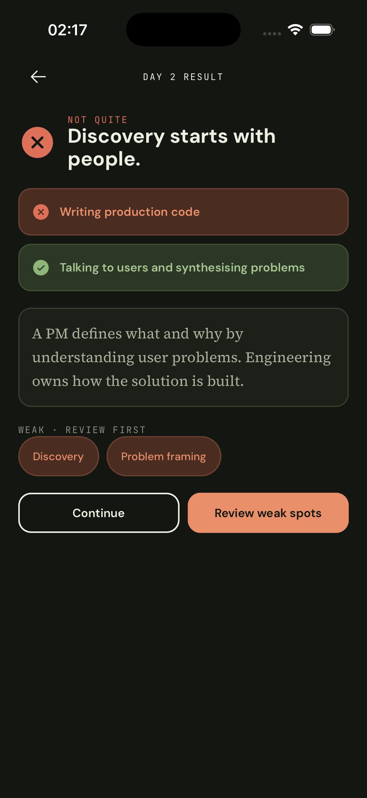 Syllavi quiz feedback screen showing a result and suggested review areas.
